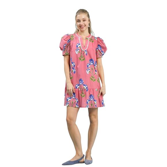 Umgee Dresses & Skirts - Umgee Floral Print Puff Sleeve A-Line Dress Pink w Blue Flowers Sz Medium